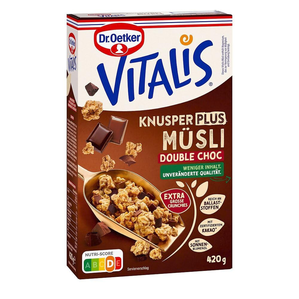 Dr. Oetker Vitalis KnusperPlus Dubbele Chocolade: Krokante muesli met melk- en pure chocolade, pakje van 7 (7 x 450g)