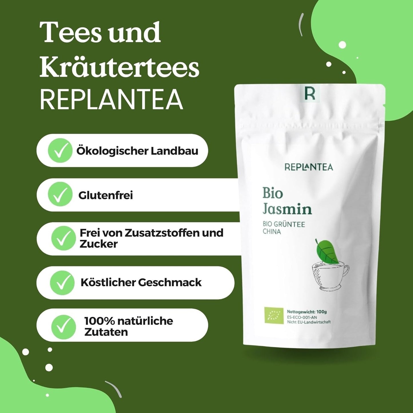 Biologische groene thee met jasmijn 100 g (50 kopjes) | Jasmijnthee uit China in bulk, biologische kwaliteit REPLANTEA