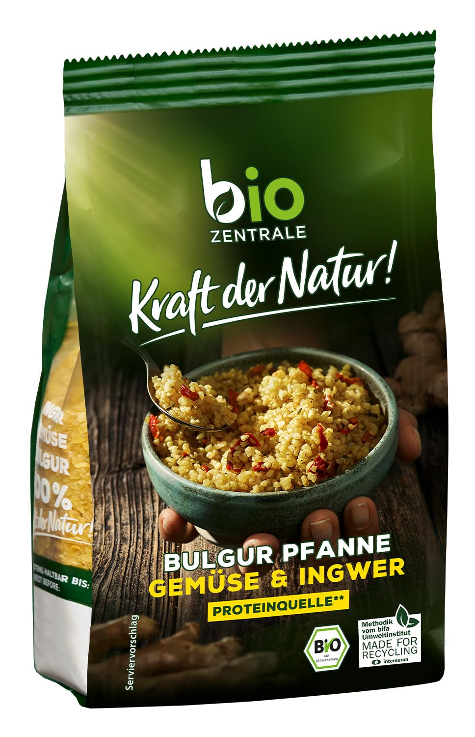 Biozentrale Bulgur in bakje met groenten en gember | 200 g perfect voor een snelle afhaalmaaltijd | bron van veganistisch eiwit | gemakkelijk te bereiden