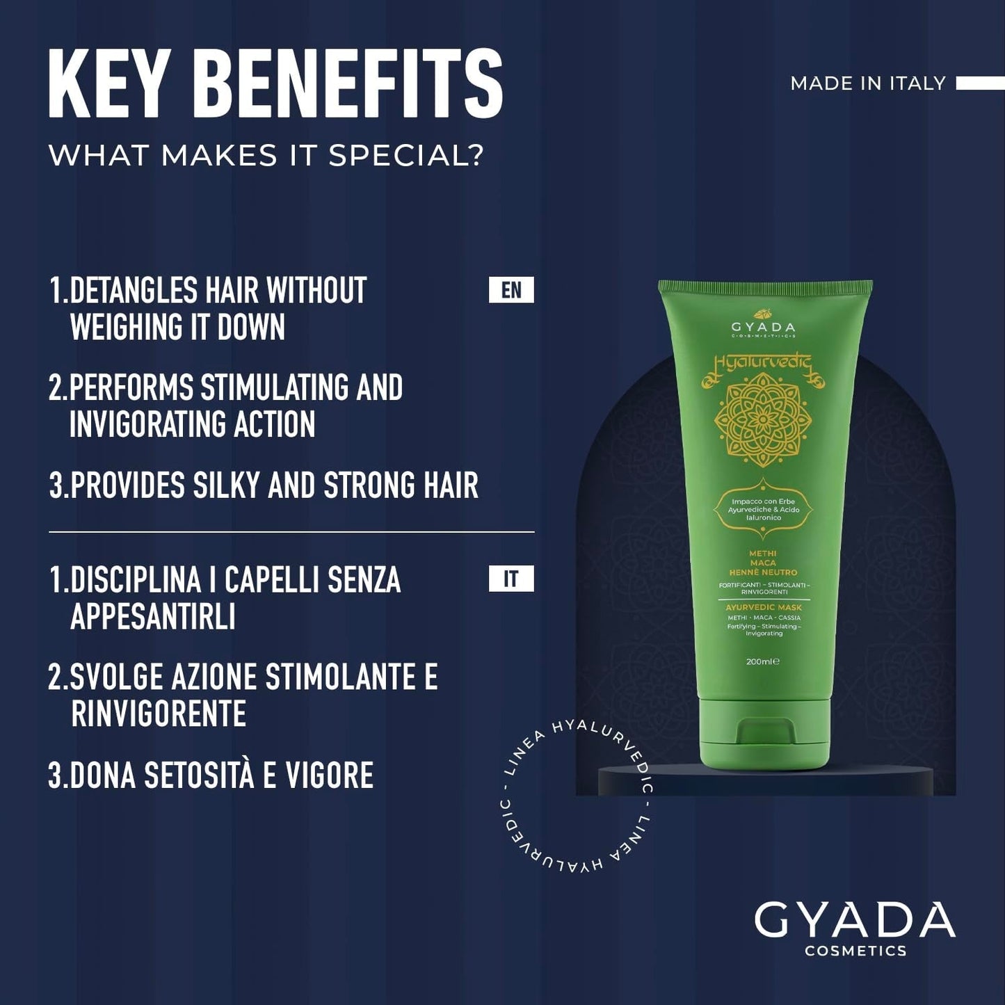 GYADA COSMETICS, hyalurvedisch versterkend ayurvedisch kompres, professionele behandeling voor fijn en zwak haar, antikroezen met methi, maca, neutrale henna, 200 ml Naty Shop haarmasker