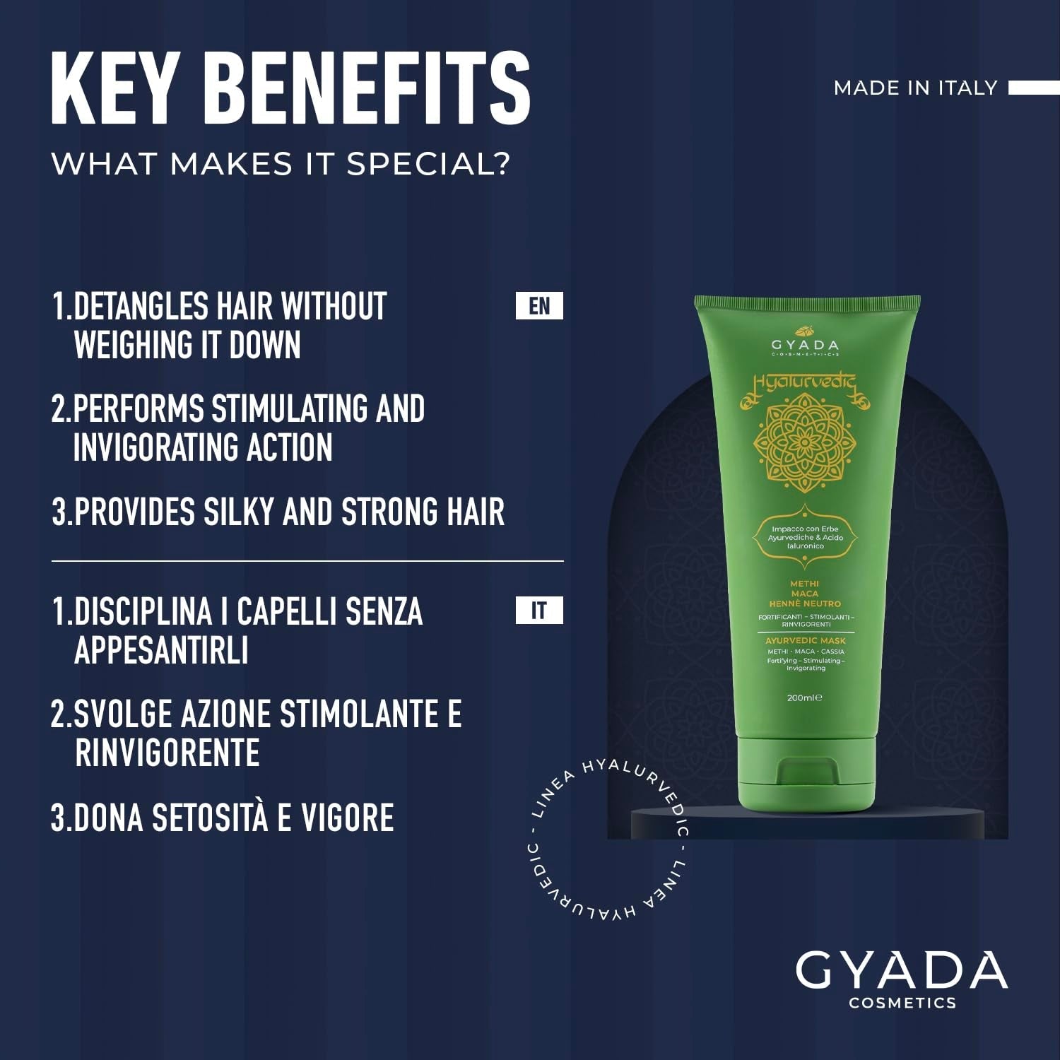GYADA COSMETICS, hyalurvedisch versterkend ayurvedisch kompres, professionele behandeling voor fijn en zwak haar, antikroezen met methi, maca, neutrale henna, 200 ml Naty Shop haarmasker
