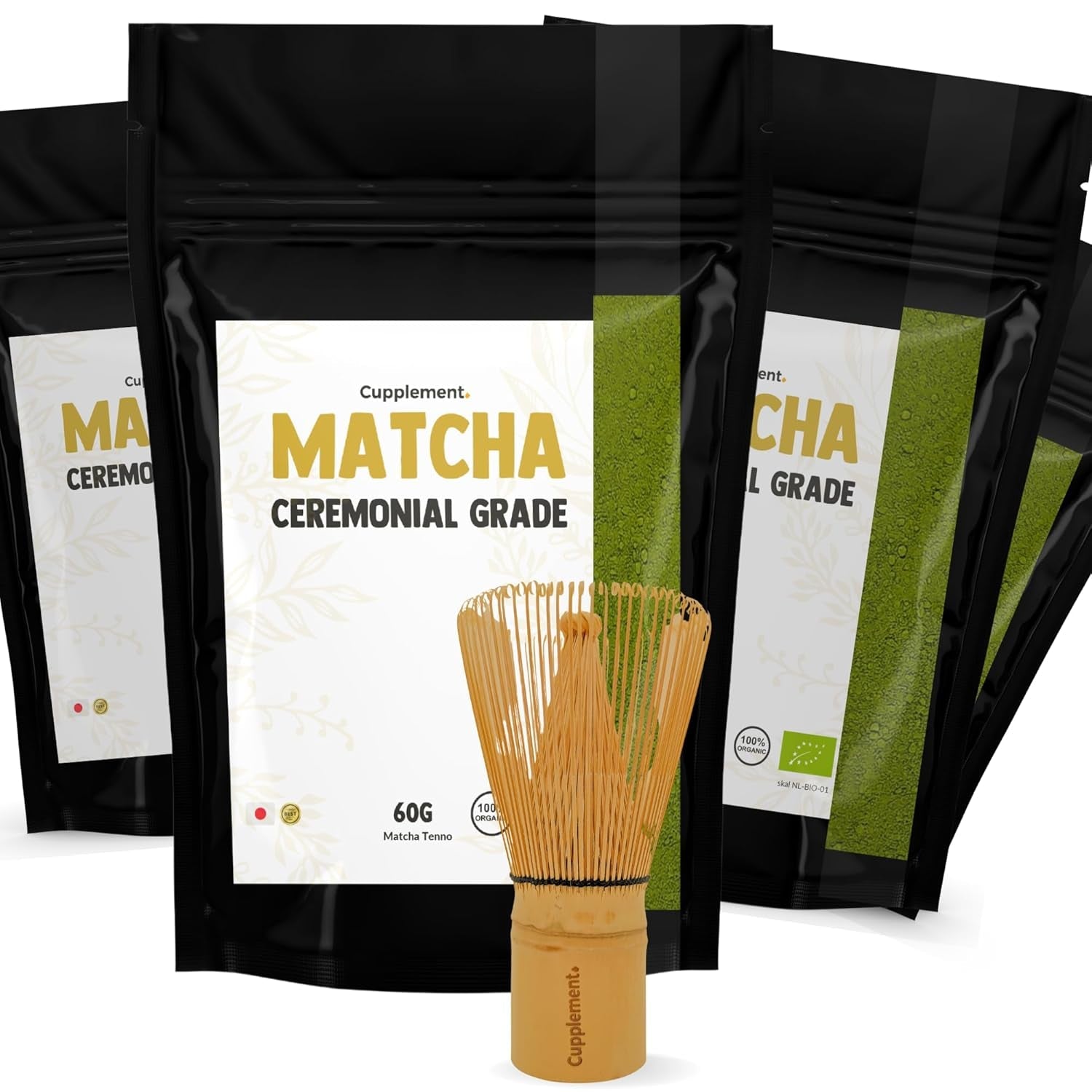 Cupplement Matcha 90 gram biologisch - Hoogste kwaliteit groene thee in poedervorm - Geen bamboe garde en draad - Culunair - Beginnersset - Latte - Garde - Japan - Poeder - Thee - Draad - Zak - Smoothie