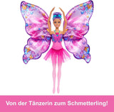 Barbie Dance And Flutter 2-in-1 transformatiepop van danseres tot vlinder met openslaande vleugels, paars haar, haarsieraden en afneembare tutu, HXJ10 Naty Shop-poppen
