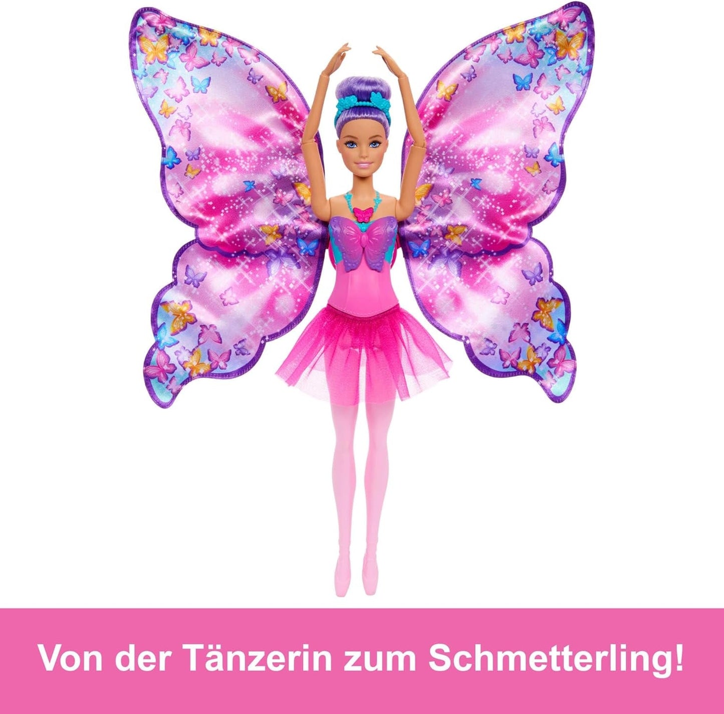 Barbie Danseres en Vlinder 2-in-1 Danseres transformeren in een vlinder met openslaande vleugels, paars haar, haaraccessoires en afneembare tutu, HXJ10