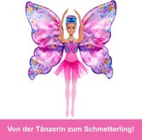 Barbie Danseres en Vlinder 2-in-1 Danseres transformeren in een vlinder met openslaande vleugels, paars haar, haaraccessoires en afneembare tutu, HXJ10