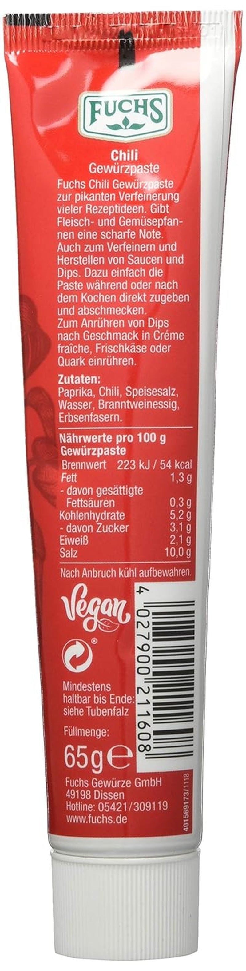 Fuchs Gewürze – Chili Gewürzpaste, vollmundig piquantes Aroma, Paste zum Würzen von scharfen Soßen, Fleisch-Gerichten of Suppen jeglicher Länder-Küchen, 65 g
