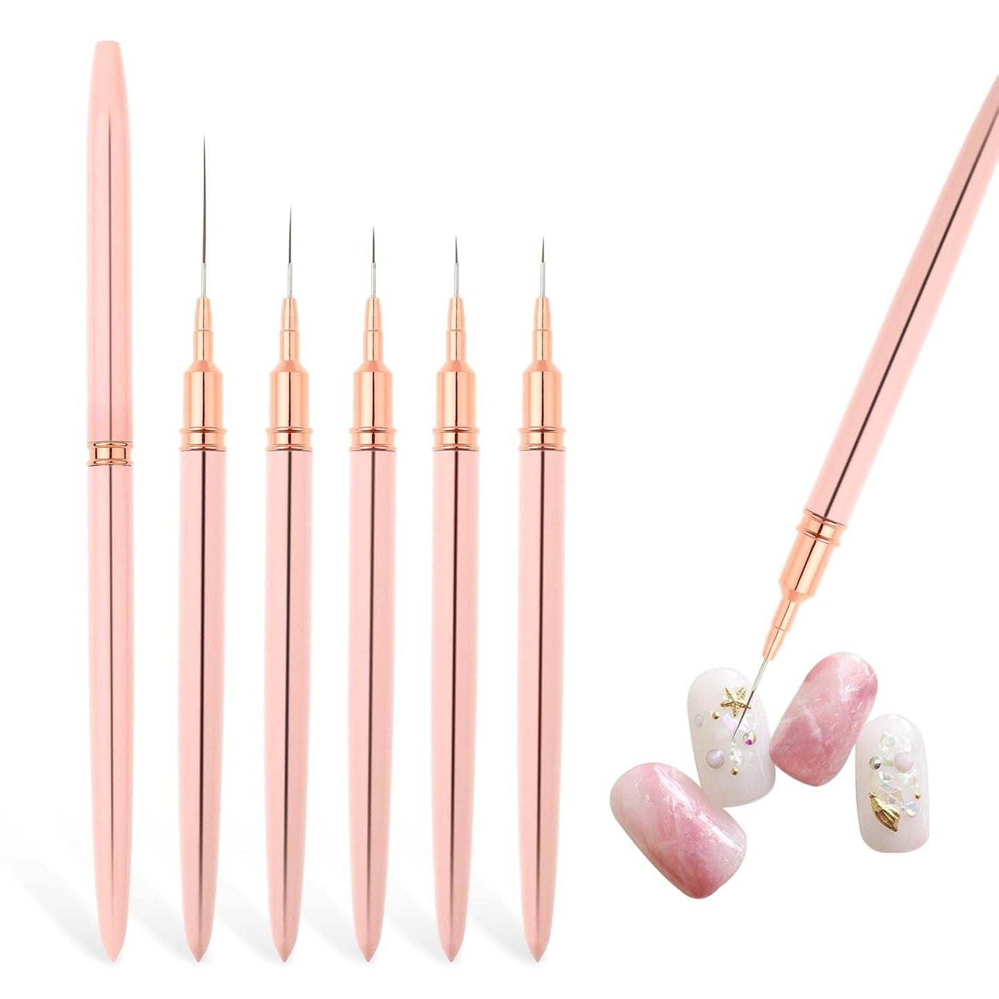 Nail Art Liner-Brush 5-Teiliges Gel-Nagellack-Malerei-Nagel-Punkt-Zeichnungs-Werkzeug Für Lange Linien Kunst-Design-Stift-Set Metallgriff Nail-Art-Design-Binsel Für Frauen