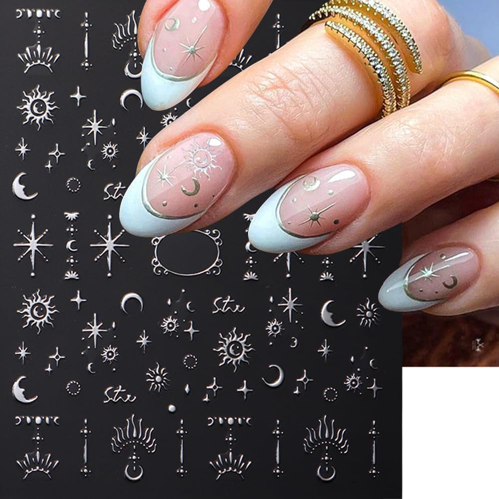 3D zilver metallic nagelstickers, nagelstickers voor vrouwen, ster, maan, zon, nagelfolie, zelfklevende stickers, vlindernagelstickers, nagelstickers, nageldesignaccessoires, 8 stuks