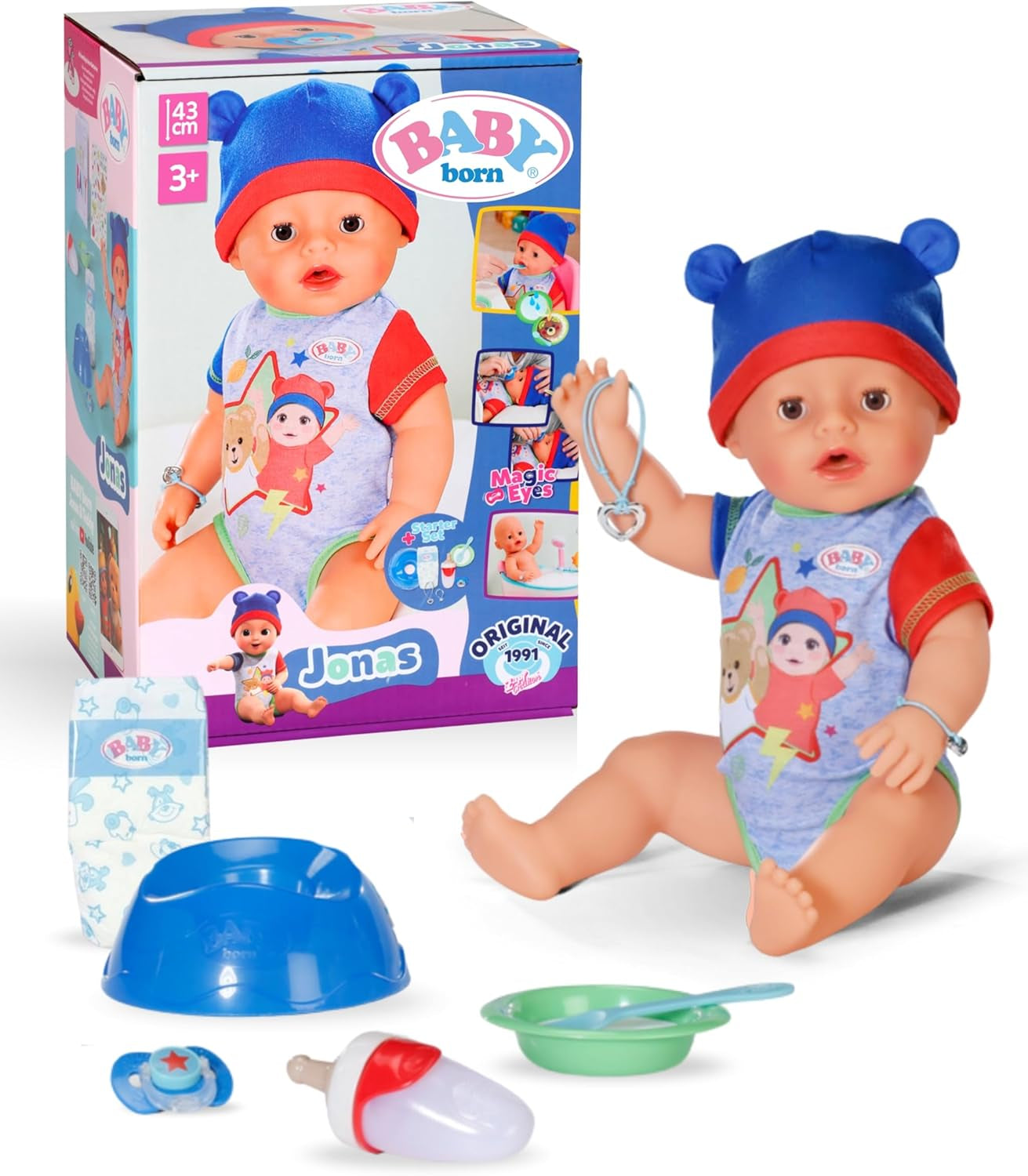 BABY Born Jonas - babypop 43 cm - 10 functies inclusief accessoires en matras - Werkt volledig zonder batterijen - Geschikt voor kinderen vanaf 3 jaar