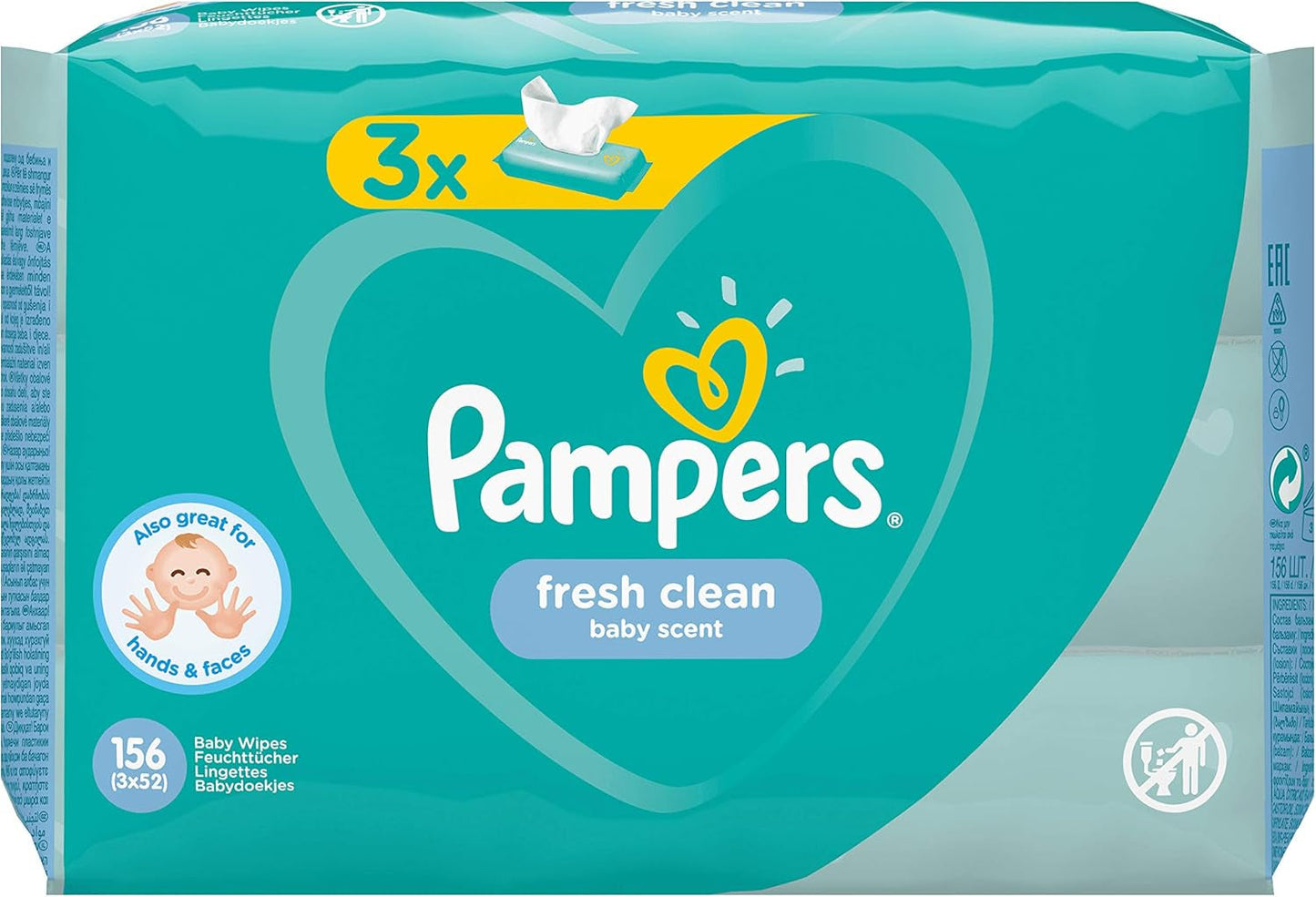 Pampers Fresh Clean babydoekjes 81688041, 3x52 stuks, (babydoekjes, plastic zak, meisje/jongen, turkoois, wit, Duitsland, 896,7 g)