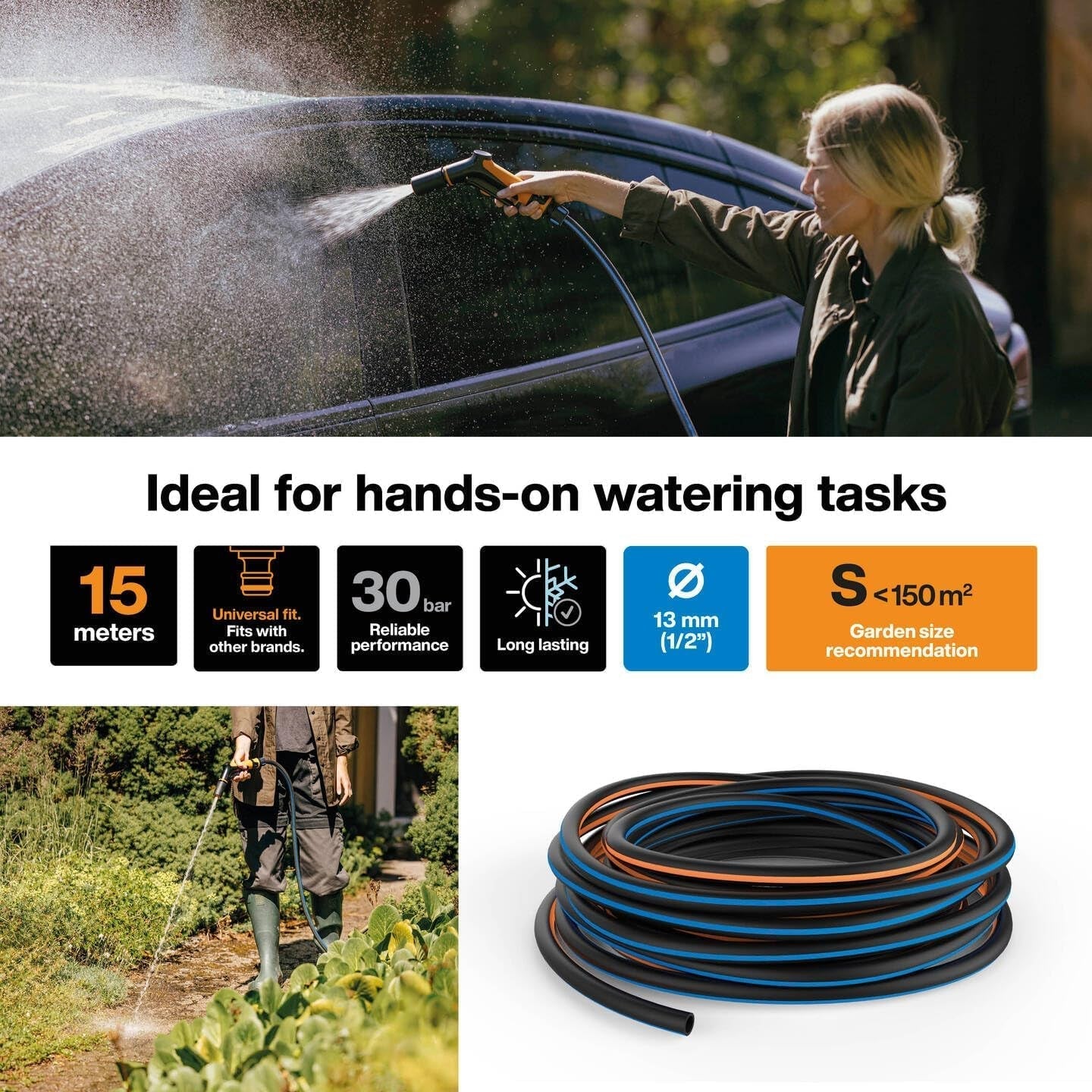 Fiskars S tuinslang, massief, waterslang voor handmatige besproeiing, 13 mm (1/2"), lengte: 15 m, universele aansluiting, UV-bescherming, vorstbescherming, torsiebestendig, blauw, 1076049