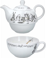 Alice in Wonderland theepot en kopjesset voor 1 persoon in geschenkverpakking, theeservies van fijn porselein, wit, 250 ml