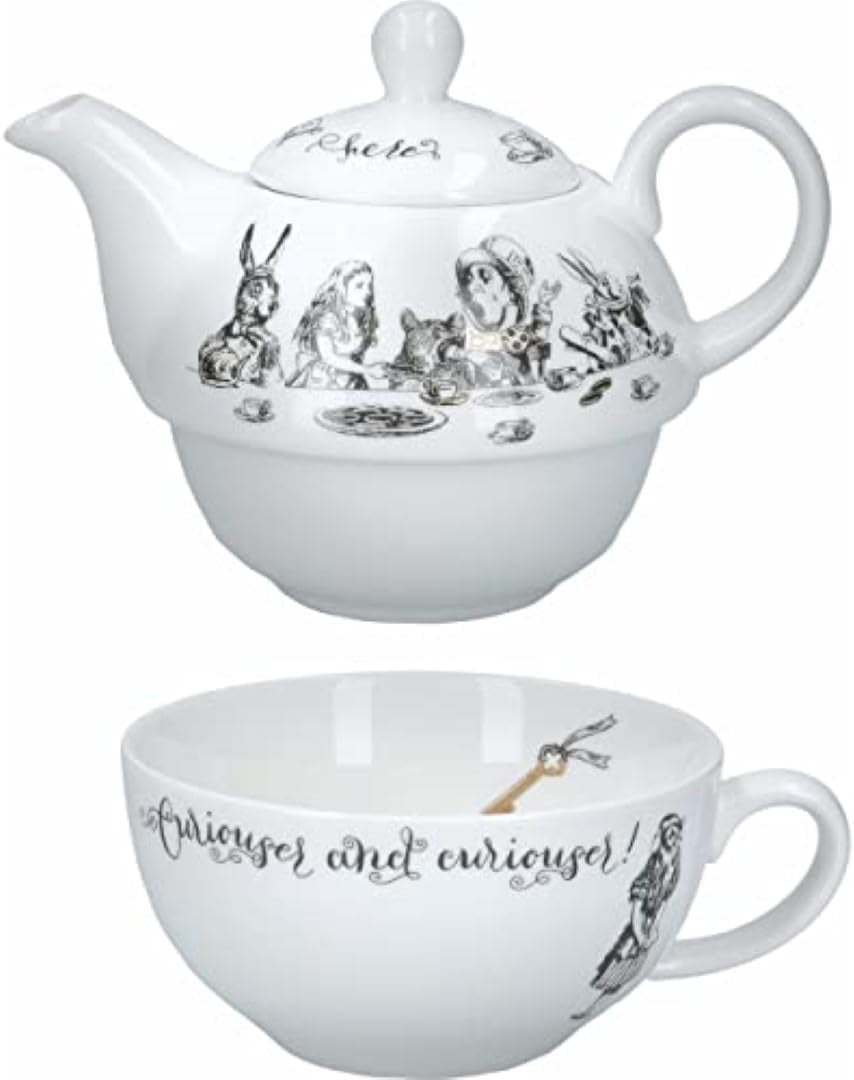 Alice in Wonderland theepot en kopjesset voor 1 persoon in geschenkverpakking, theeservies van fijn porselein, wit, 250 ml