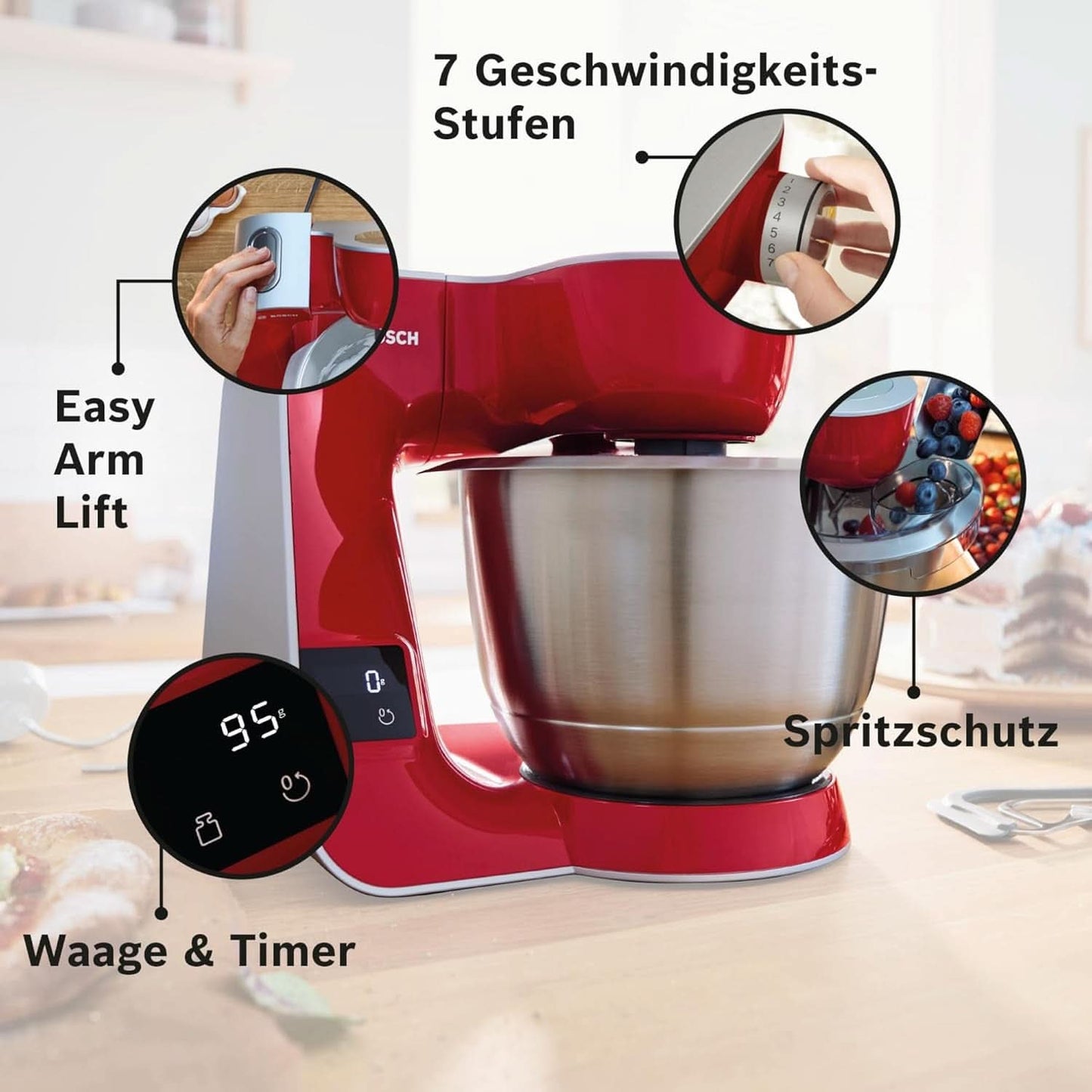 Keukenmachine Bosch Series 4 MUM5X720, geïntegreerde weegschaal, roestvrijstalen kom 3,9L, mixer 1,25L, 1000W Accessoires Voeding en borstvoeding Bebe Naty Shop