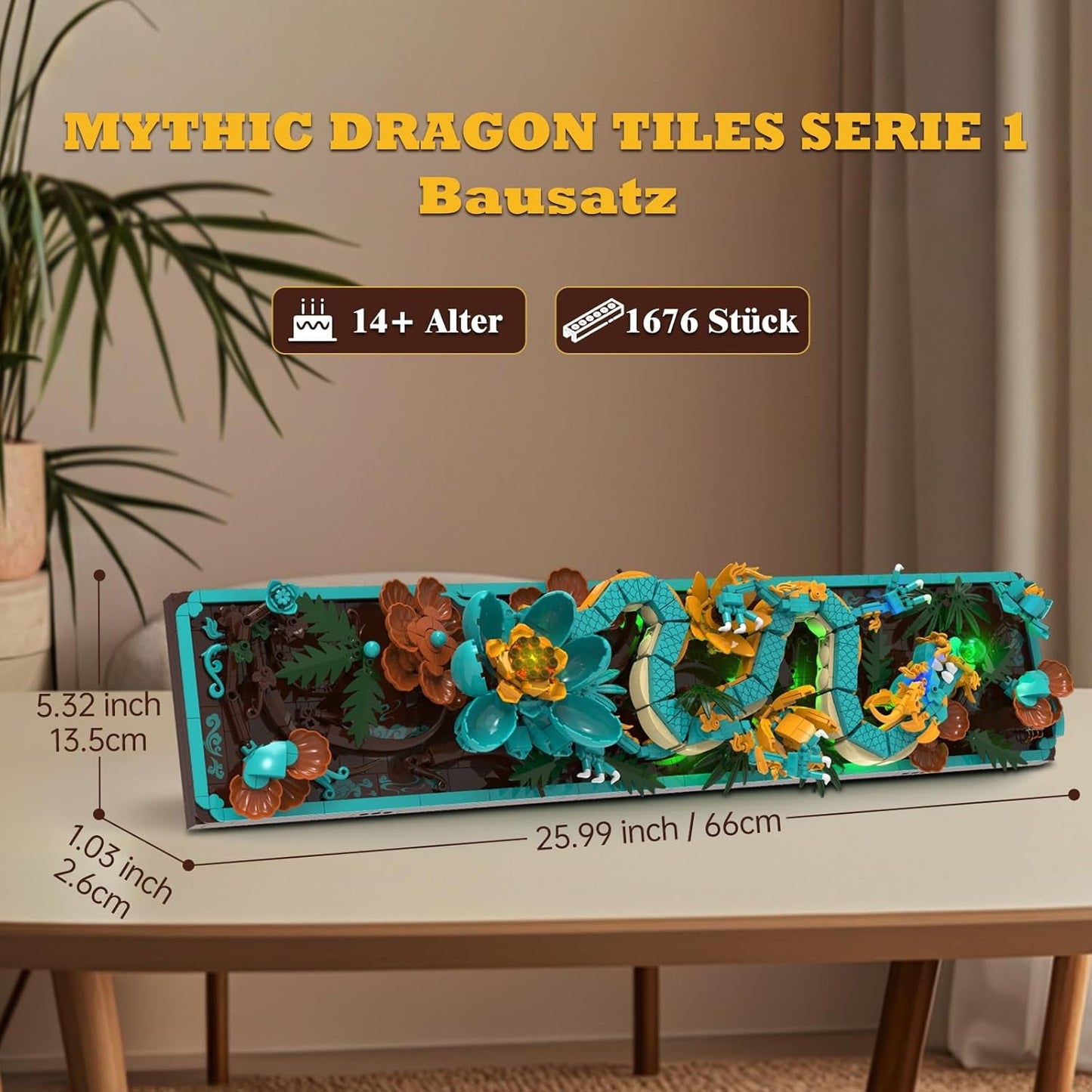 Mythische Dragon Tile-bouwset voor volwassenen, 3D Divine Loong Art-bouwspeelgoed met LED-verlichting en bloemen, DIY Dragon Relief-modelset, creatieve geschenken en decoraties (1676 stuks)