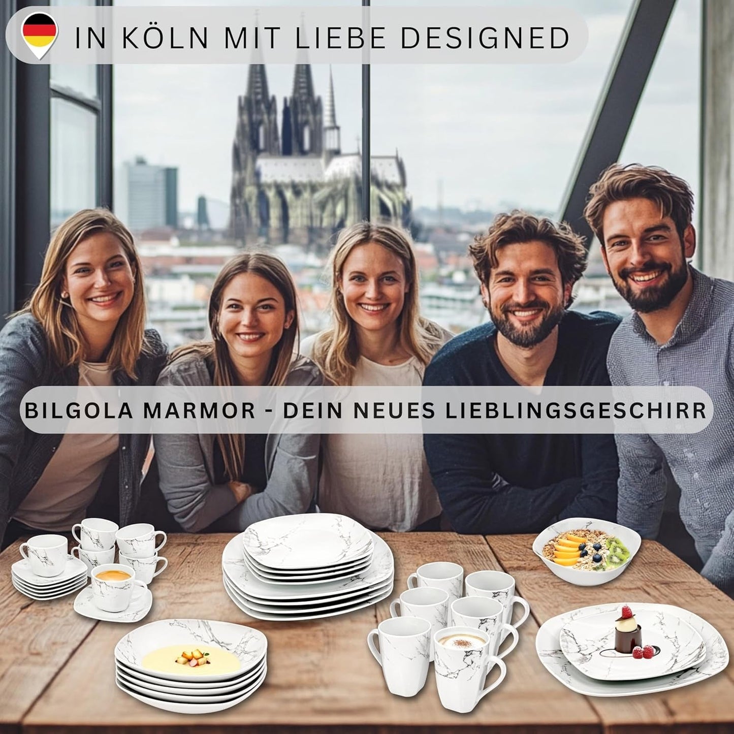 ZANGER | Bilgola Marmeren Combinatie Serviesset 36-delige Serviesset voor 6 personen met Dinerborden, Dessertborden, Suma Borden, Mueslischalen, Koffieborden en Porseleinen Schoteltjes, Vierkant | DE PREMIUM COLLECTIE
