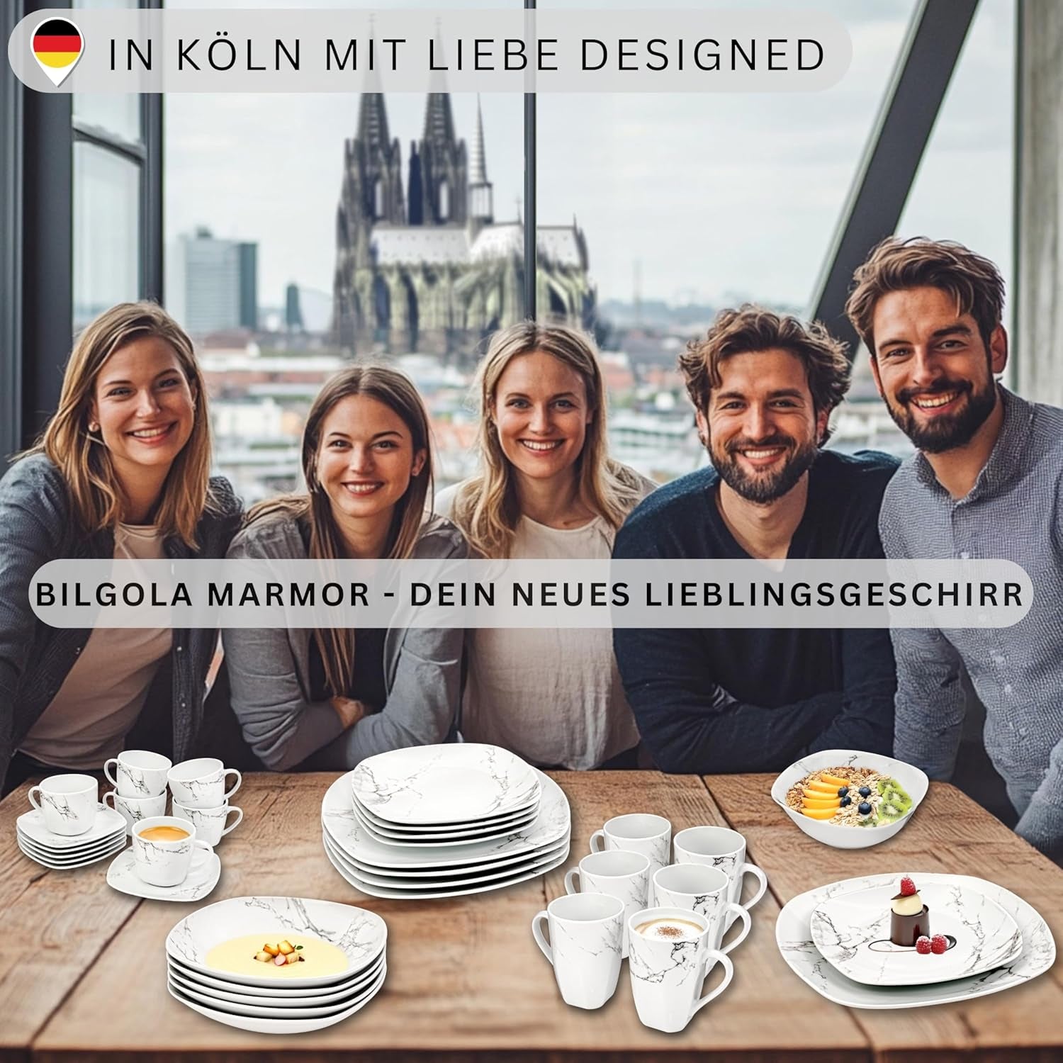 ZANGER | Bilgola Marmeren Combinatie Serviesset 36-delige Serviesset voor 6 personen met Dinerborden, Dessertborden, Suma Borden, Mueslischalen, Koffieborden en Porseleinen Schoteltjes, Vierkant | DE PREMIUM COLLECTIE