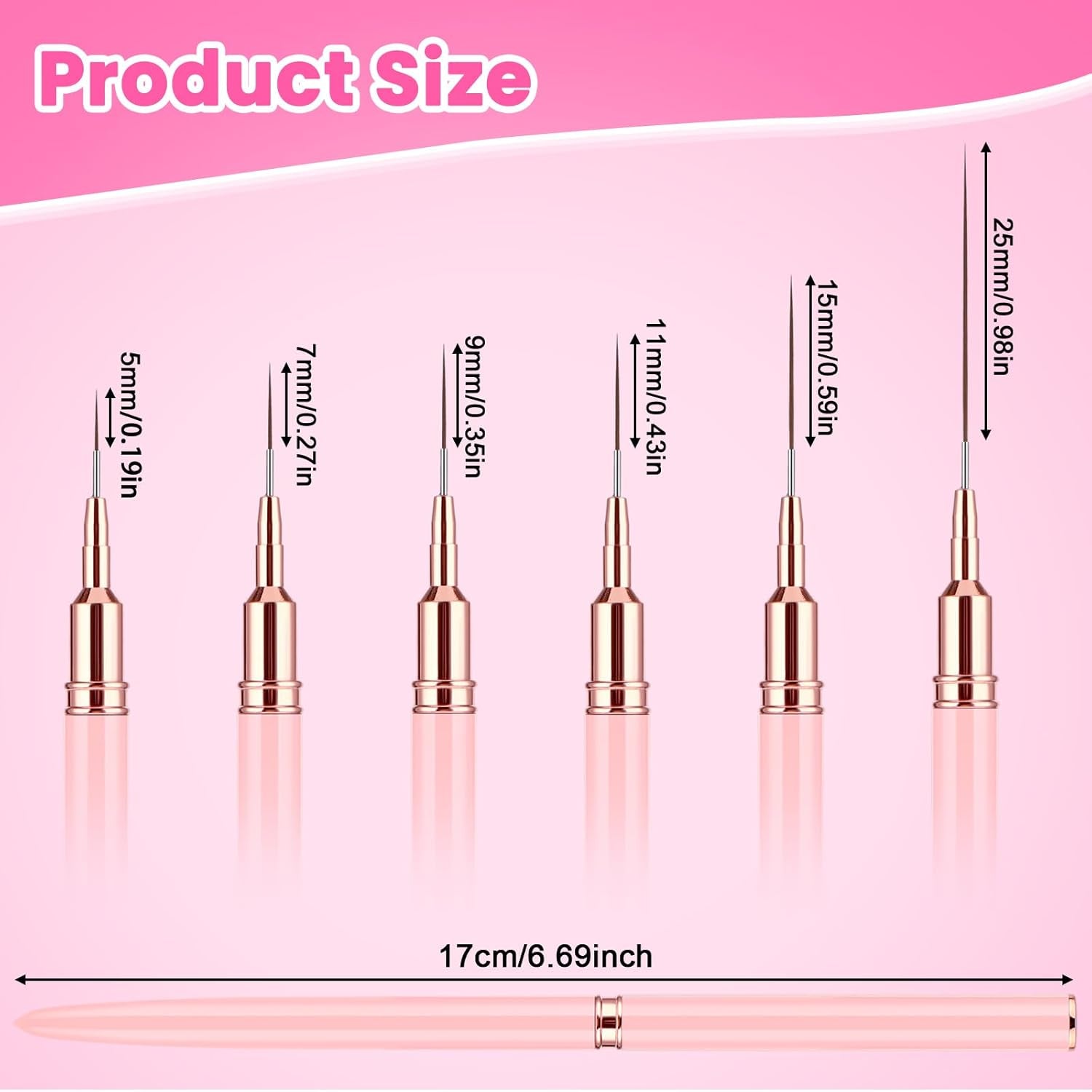 6 Stück Liner Nailart Pinsel Nageldesign Pinsel Set Dünn Acryl Nagelpunkt-Zeichenwerkzeug Nägel Dünne Nagelpinsel Set Für Lange Linien, Dünne Details, Feines Zichnen 5/7/9/11/15/25 Mm（Rosa）
