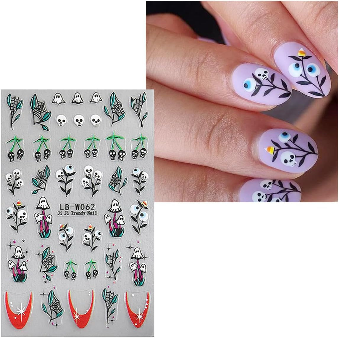 JMEOWIO Nagelsticker Halloween 9 Blatt Nail Art Sticker Selbstklebend Nagelaufkleber Süße Geisterblume Decoratie Nageldesign Zubehör