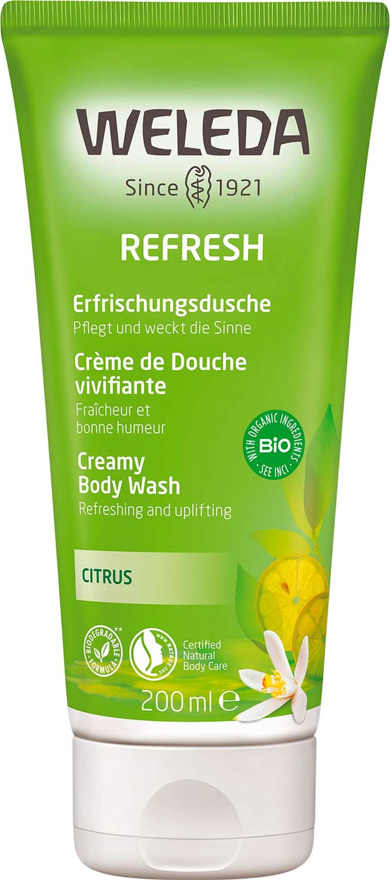 WELEDA Organic Refresh Douchegel Vegan, unisex douchegel, citroen-/sinaasappelsmaak, 200 ml Naty Shop Standaardtitel