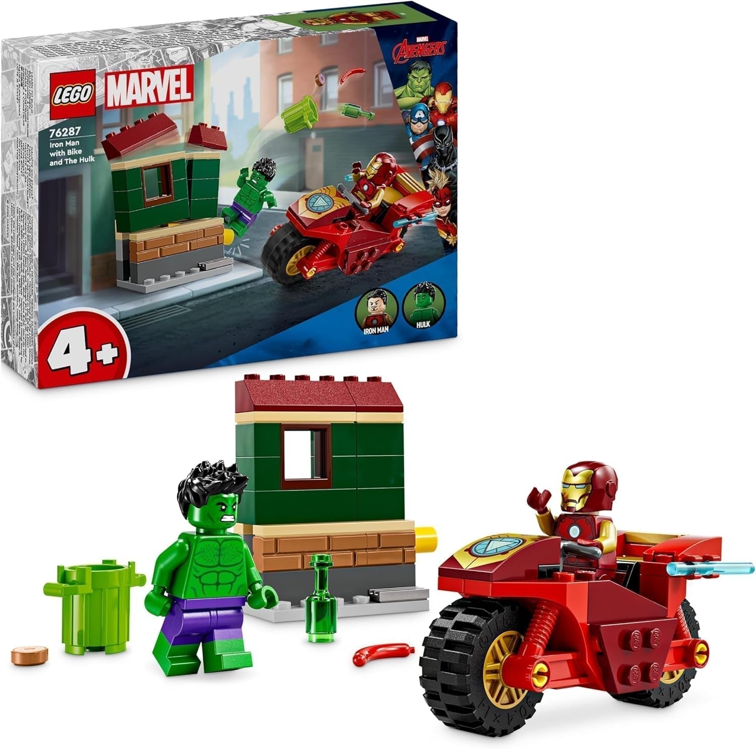 LEGO Marvel Iron Man met fiets en Hulk, superheldenbouwspeelgoed voor kinderen, fiets en minifiguurverzameling, cadeau voor meisjes en jongens vanaf 4 jaar 76287 Bouwsets