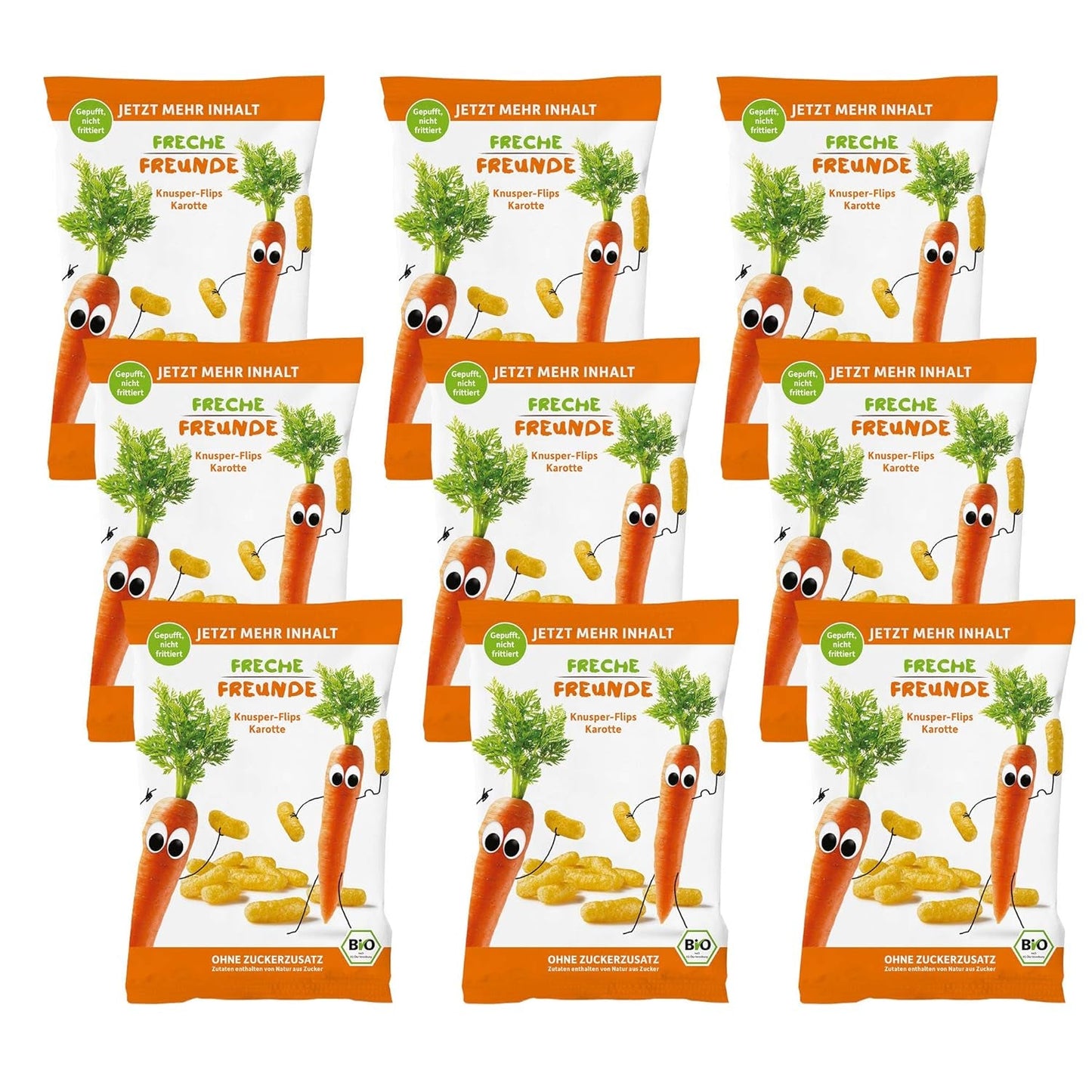 Biologische fruitchips "100% Aardbei" Gevriesdroogde aardbeienfruitchips (12 x 12 g) en nieuwe biologische knapperige maïs- en wortelflips, biologische snack, vanaf 1 jaar, (9 x 30 g) 270 g