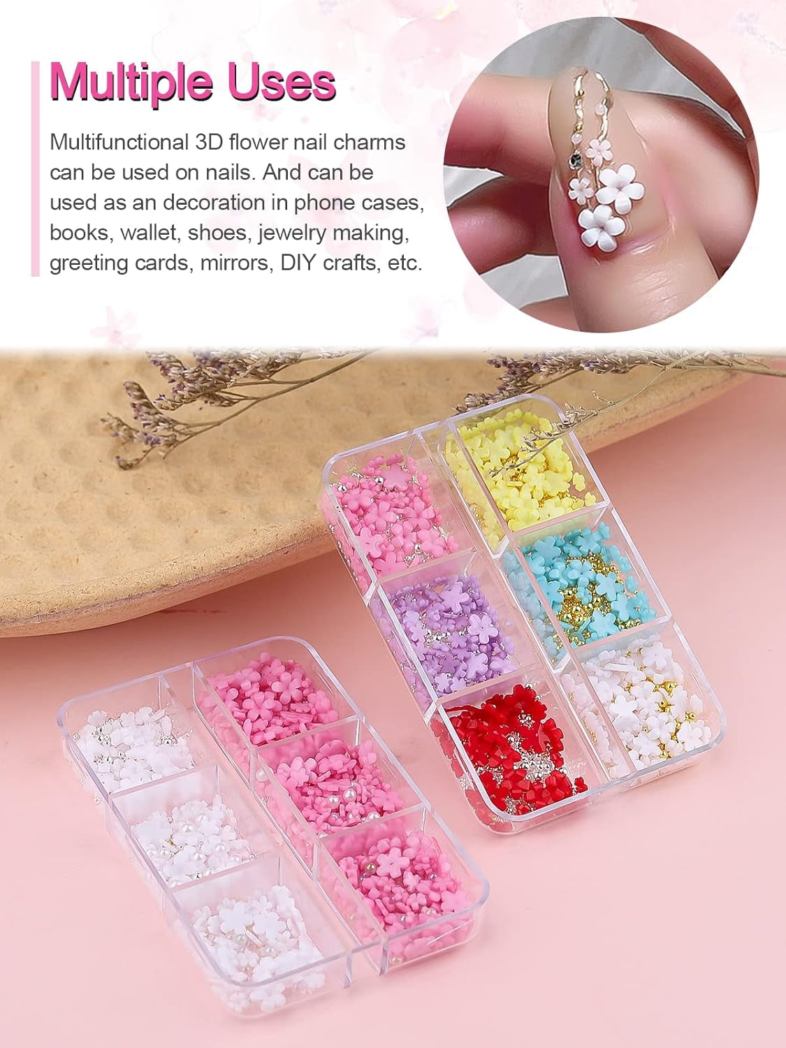 Kalolary Bloemen Nail Art Charms, 3D Acryl Bloemen voor Nagels Vijf Bloemblaadjes Bloemenornamenten Nagel Edelstenen Strass Gemengde Metalen Kralen voor DIY Nail Art Design Sieraden Maken (2 Dozen)