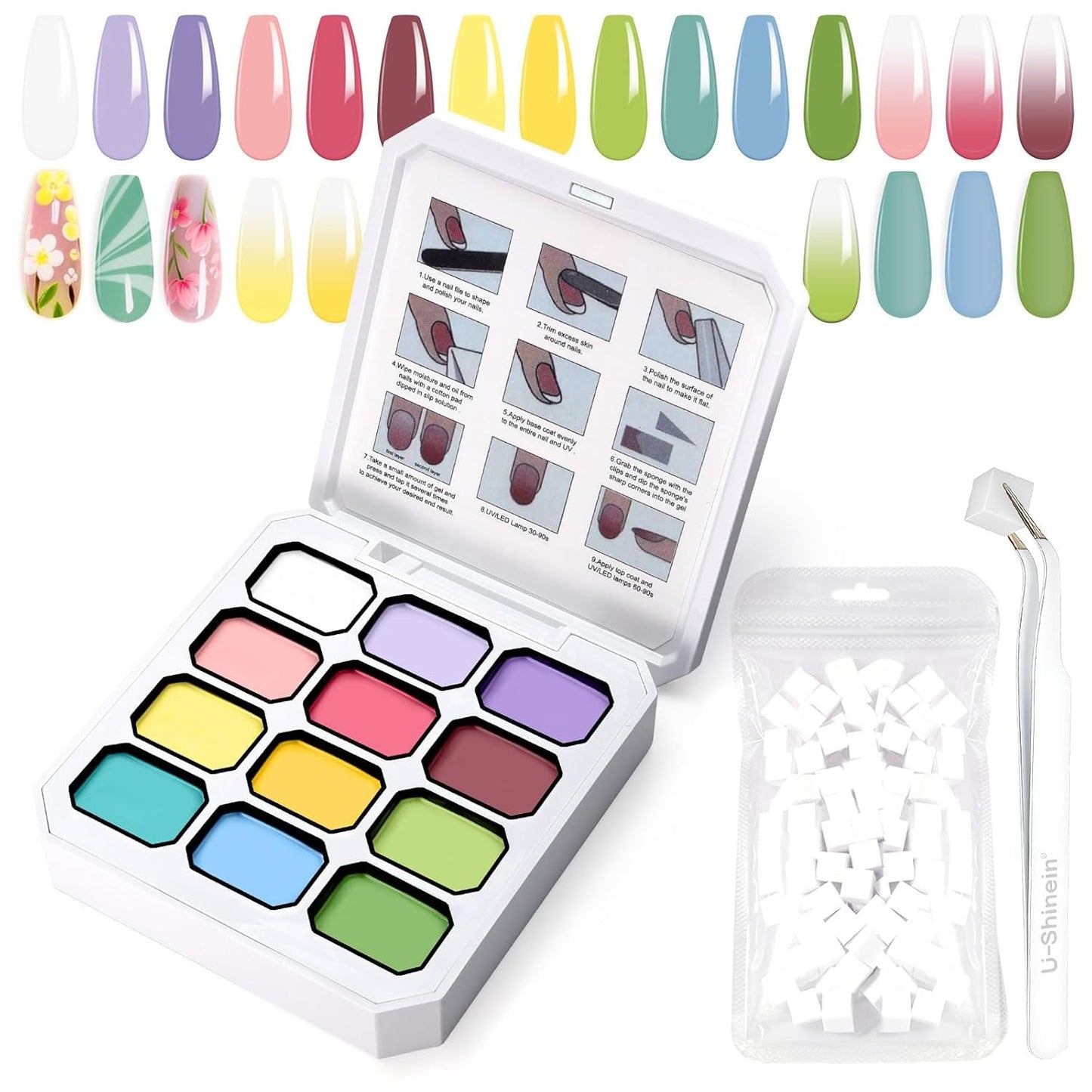 Gradiëntschildergel, 12 kleuren Ombre gelnagellak met 100 stuks nagelsponsen en 4 klauwen metalen grijper voor Franse manicure DIY nagelkunst, set I