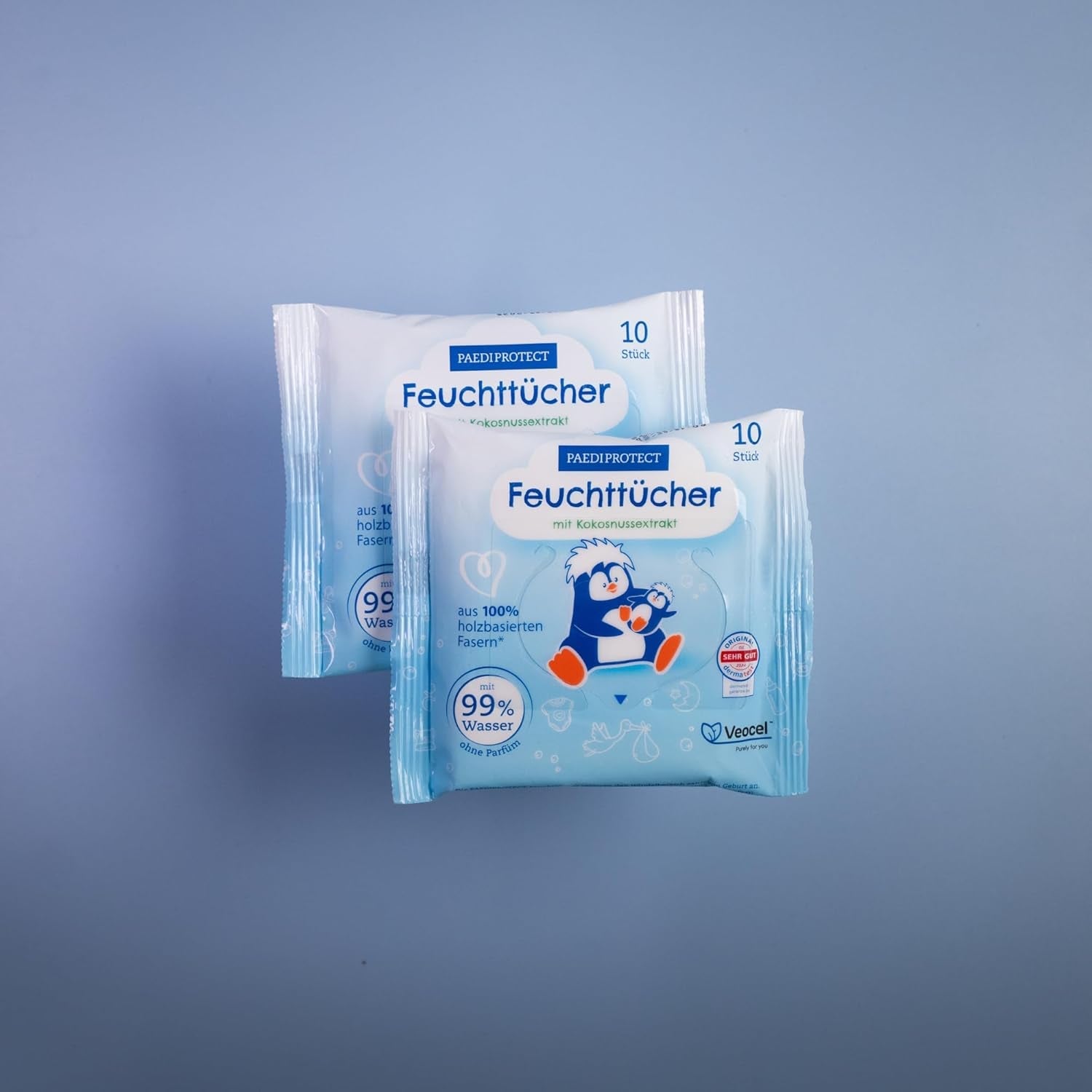 PAEDIPROTECT Babydoekjes 1 x 10 stuks Gevoelige babywaterdoekjes 99% water Geurvrij Baby en kinderen Gevoelige huid Kokosextract Microplasticvrij Veganistisch (5-pack)