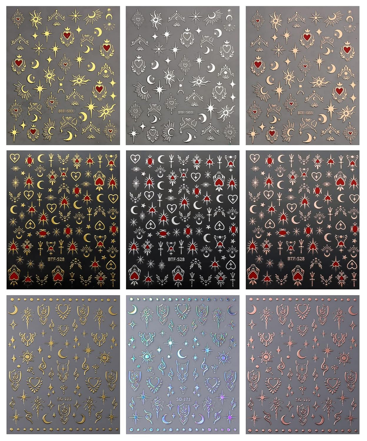 JMEOWIO Nagelsticker Mond Stern 9 Blatt Nail Art Sticker Selbstklebend Nagelaufkleber Sonne Decoratie Nageldesign Zubehör