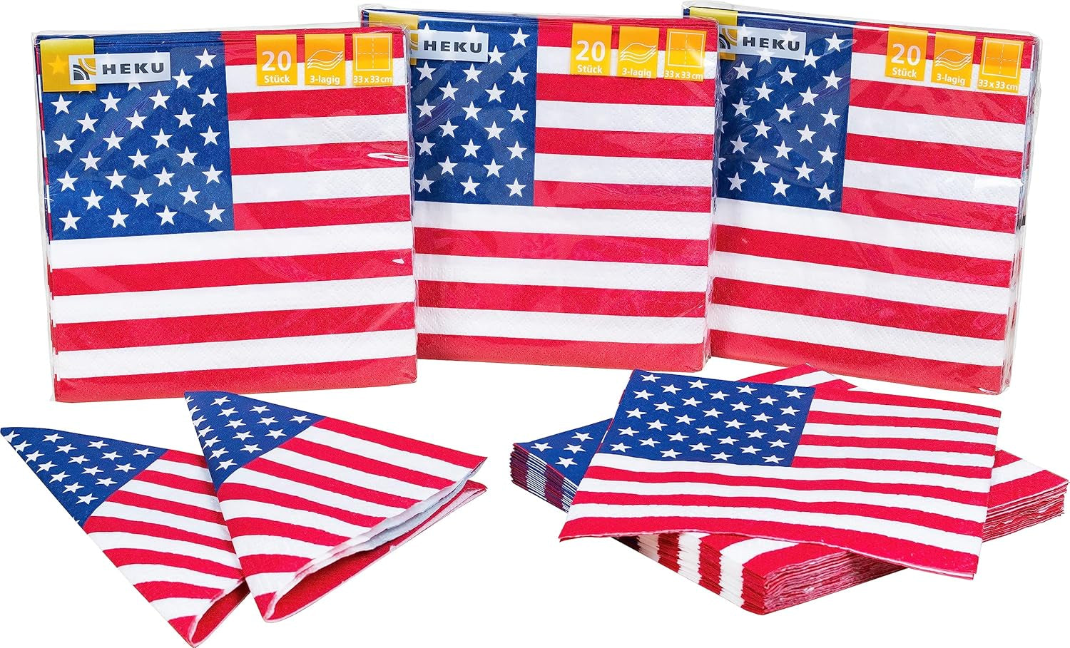 HEKU 191-dlg. USA Party Set I Papieren Borden Ø23Cm, Rode Bekers, 3-laags Servetten 33X33Cm, Decoratieprikker, Wimpelketting 10M I Ideaal voor themafeesten en nationale feestdagen