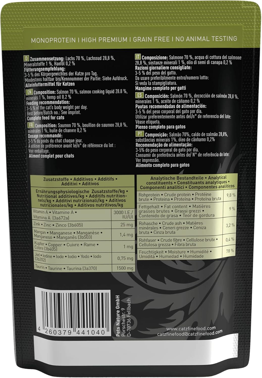 Kattennatvoer Catz Finefood Purrrr met monoproteïne en zalm nr. 105, voor katten met een gevoelige spijsvertering, 16 x 80 g