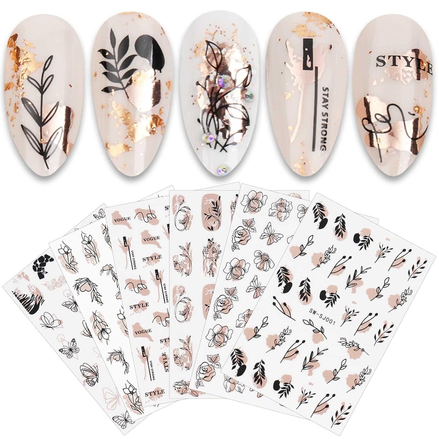 JMEOWIO Nagelsticker Rose Gold Schwarze Blume 12 Blatt Nail Art Sticker Selbstklebend Nagelaufkleber Frühlings Linie Abstracts Blatt Decoratie Nageldesign Zubehör
