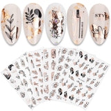 JMEOWIO Nagelsticker Rose Gold Schwarze Blume 12 Blatt Nail Art Sticker Selbstklebend Nagelaufkleber Frühlings Linie Abstracts Blatt Decoratie Nageldesign Zubehör