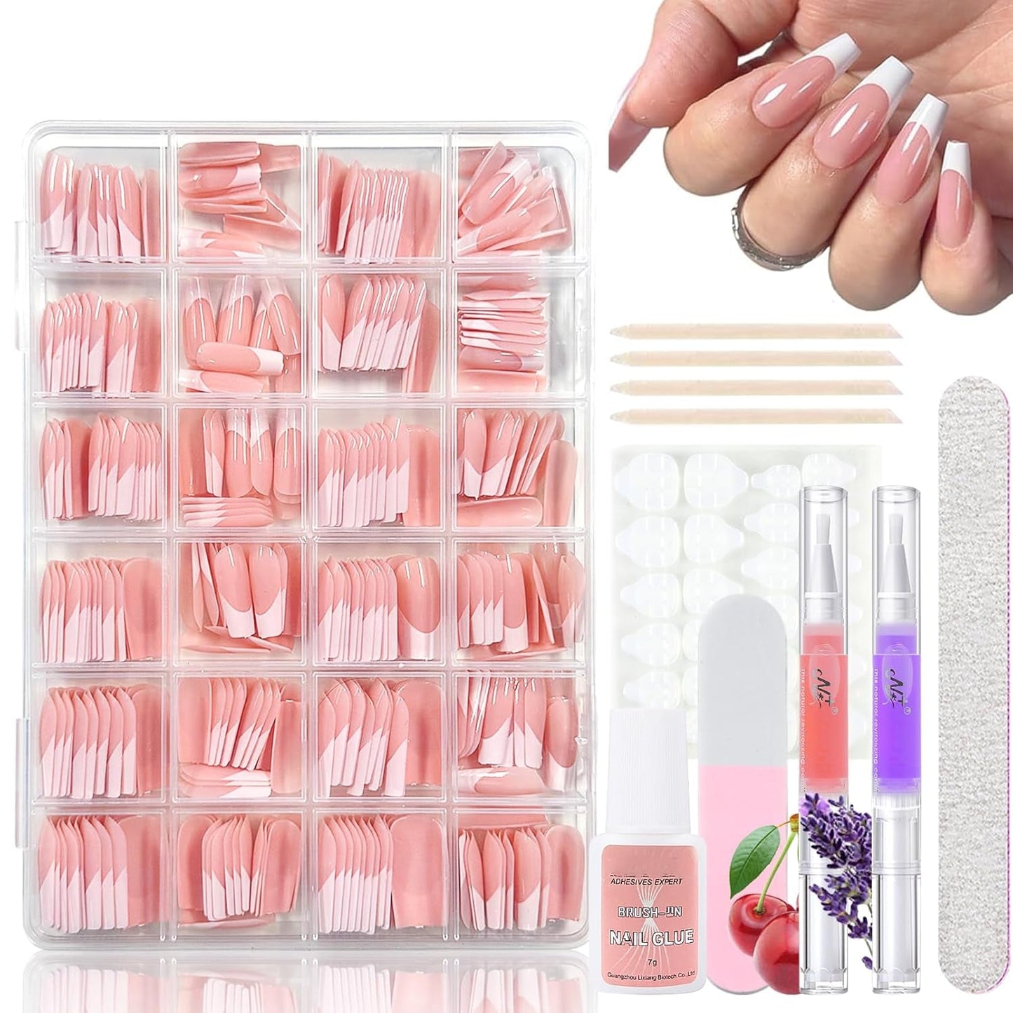 360 stks gradiënt ballerina kunstnagels set, roze witte gradiënt lijm-op kunstnagels met 2 stks nagelolie pennen, ombre medium nepnagels voor vrouwen DIY