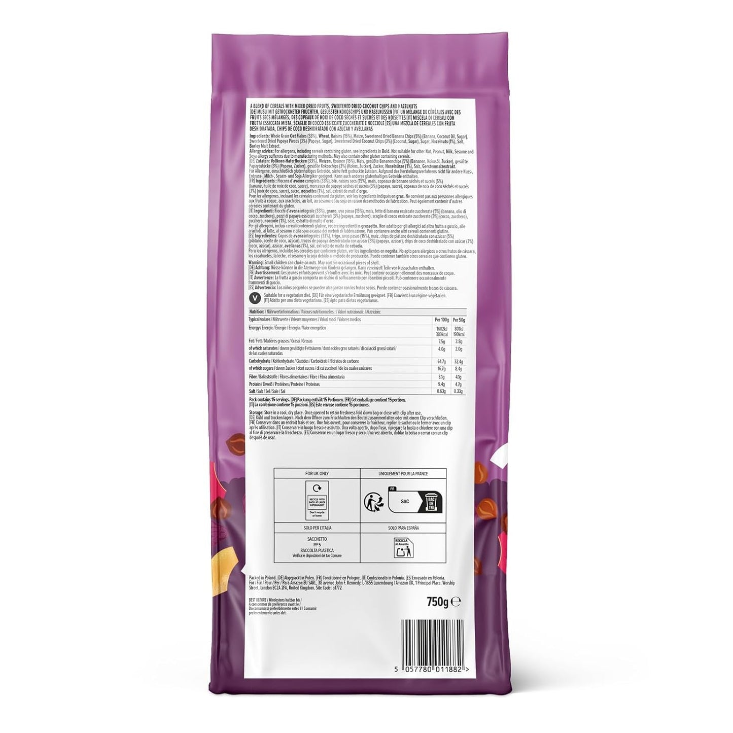 Muesli met fruit en noten uit Amazon, 750g