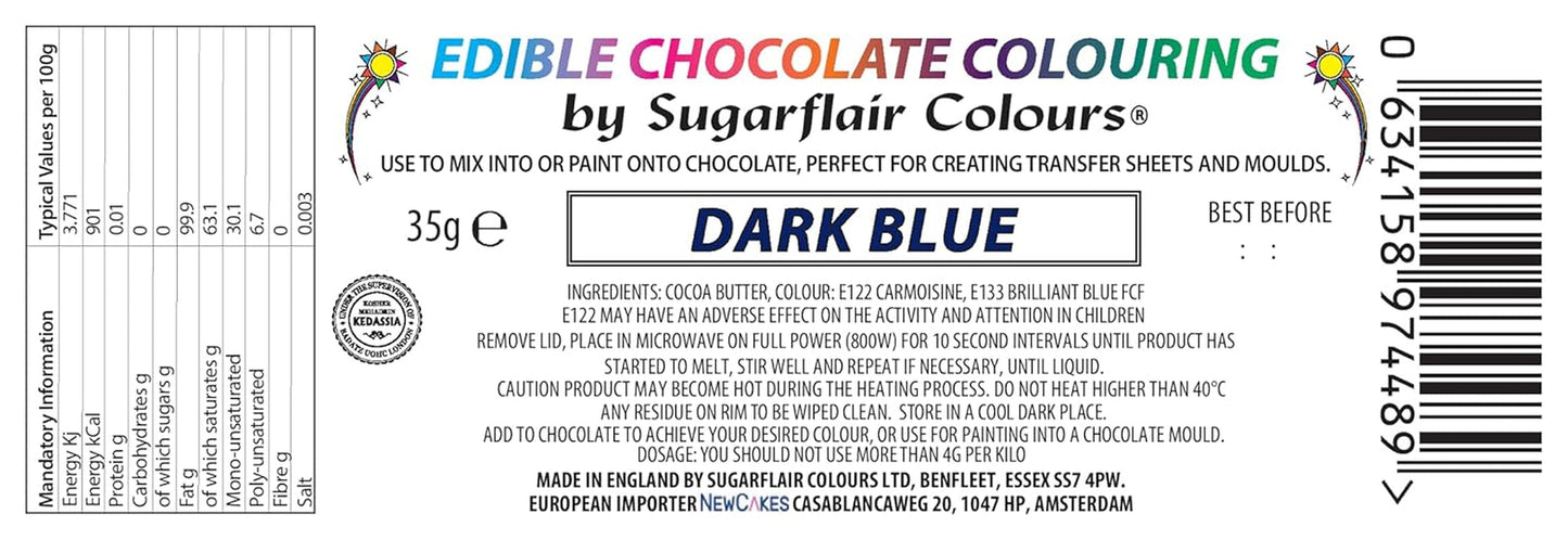 Kleurstof Sugarflair Chocolate Voedingskleurstof voor chocolade, donkerblauw - Gekleurde cacaoboter, Chocoladekleuring voor het kleuren van chocolade, Praline - 35g