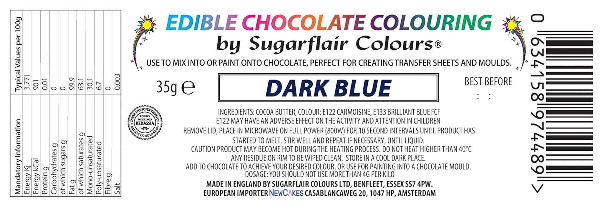 Kleurstof Sugarflair Chocolate Voedingskleurstof voor chocolade, donkerblauw - Gekleurde cacaoboter, Chocoladekleuring voor het kleuren van chocolade, Praline - 35g