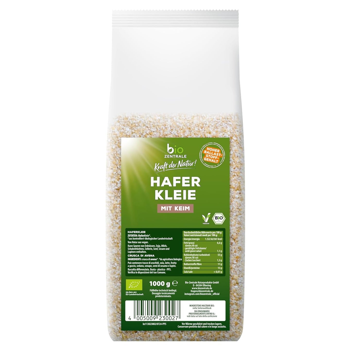 Biocentral biologische haverzemelen 1 kg | Voordelig pakket | Vezelrijke eiwitbron | Natuurlijk veganistisch | Van de EU-landbouw | Laag suikergehalte