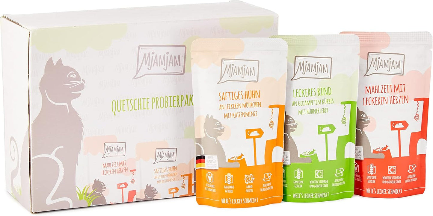 MjAMjAM - Premium natvoer voor katten - Gemengd pakket I - Kip, Rundvlees, Harten, 12 stuks (12 x 125 g), graanvrij met extra vlees