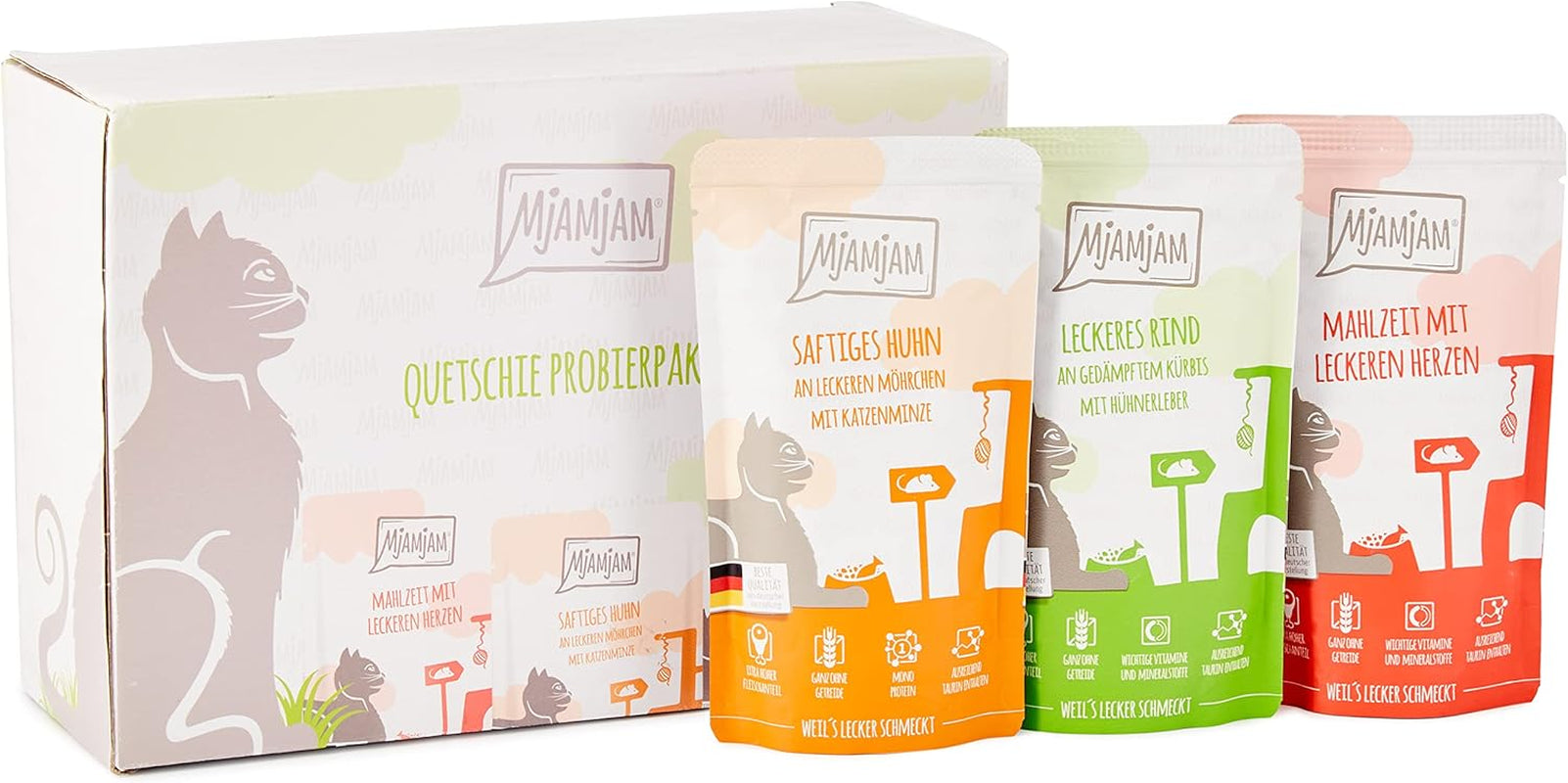 MjAMjAM - Premium natvoer voor katten - Gemengd pakket I - Kip, Rundvlees, Harten, 12 stuks (12 x 125 g), graanvrij met extra vlees