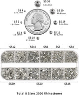 Beadsland 2500 stuks glas Nailart Strasssteine ​​Kristall Flatback Edelsteine ​​Runde, voor handwerk Gemischt 8 Größen SS4 ~ SS30 Mit Picking Pinzette en Stift (Kristall Weiss)
