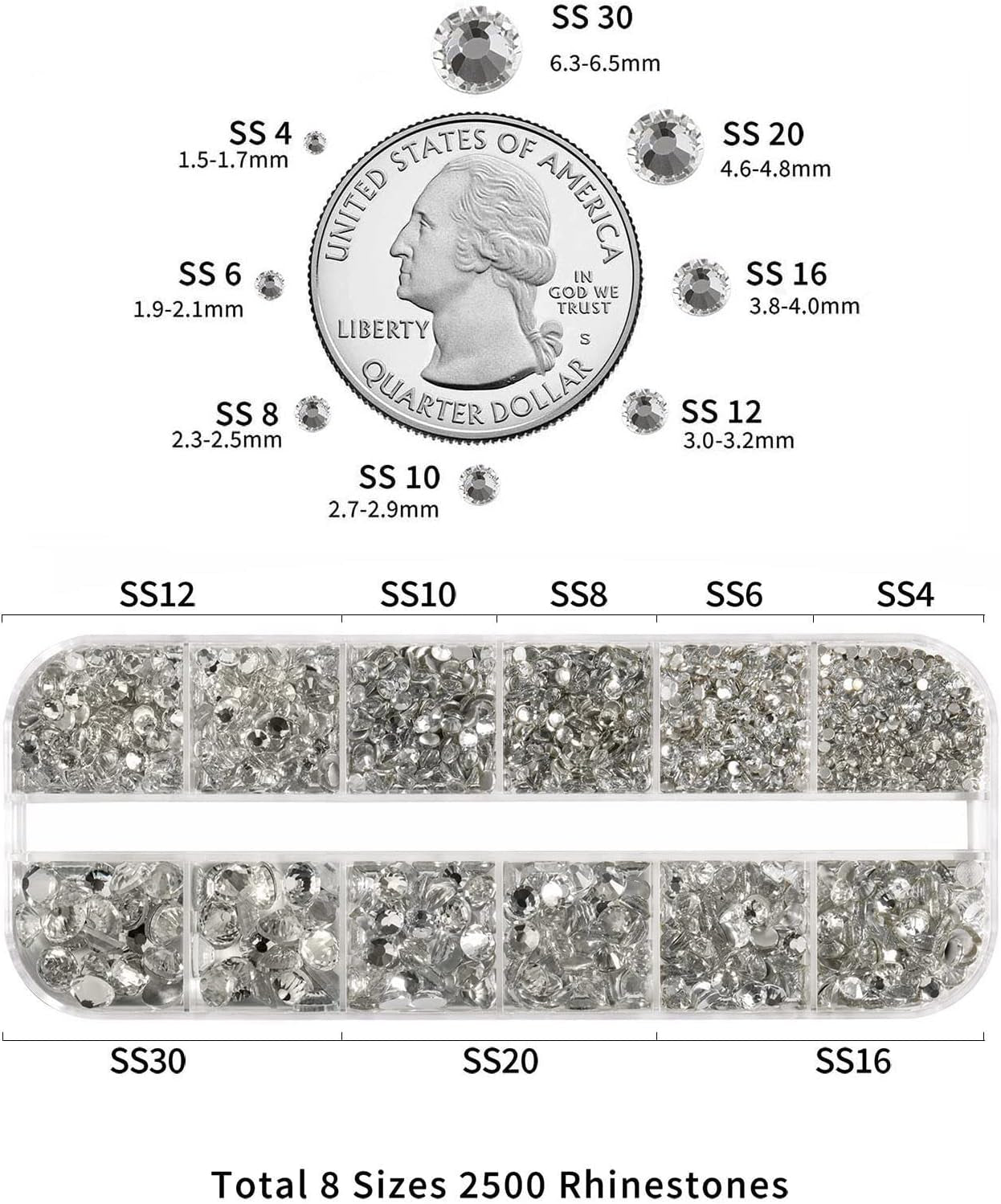 Beadsland 2500 stuks glas Nailart Strasssteine ​​Kristall Flatback Edelsteine ​​Runde, voor handwerk Gemischt 8 Größen SS4 ~ SS30 Mit Picking Pinzette en Stift (Kristall Weiss)