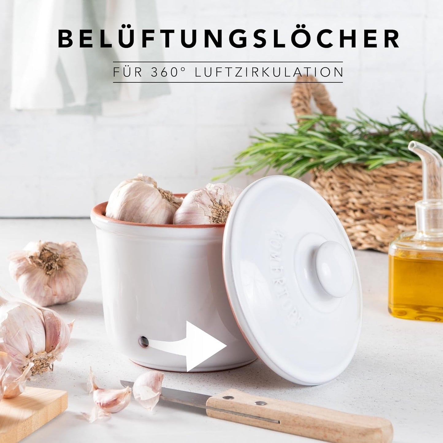 Römertopf Vershoudpot MINI 0,6 liter - Keramische knoflookpot - Ademende klei houdt groenten langer vers - Ideale luchtcirculatie - Wit Voedselbewaardozen Naty Shop