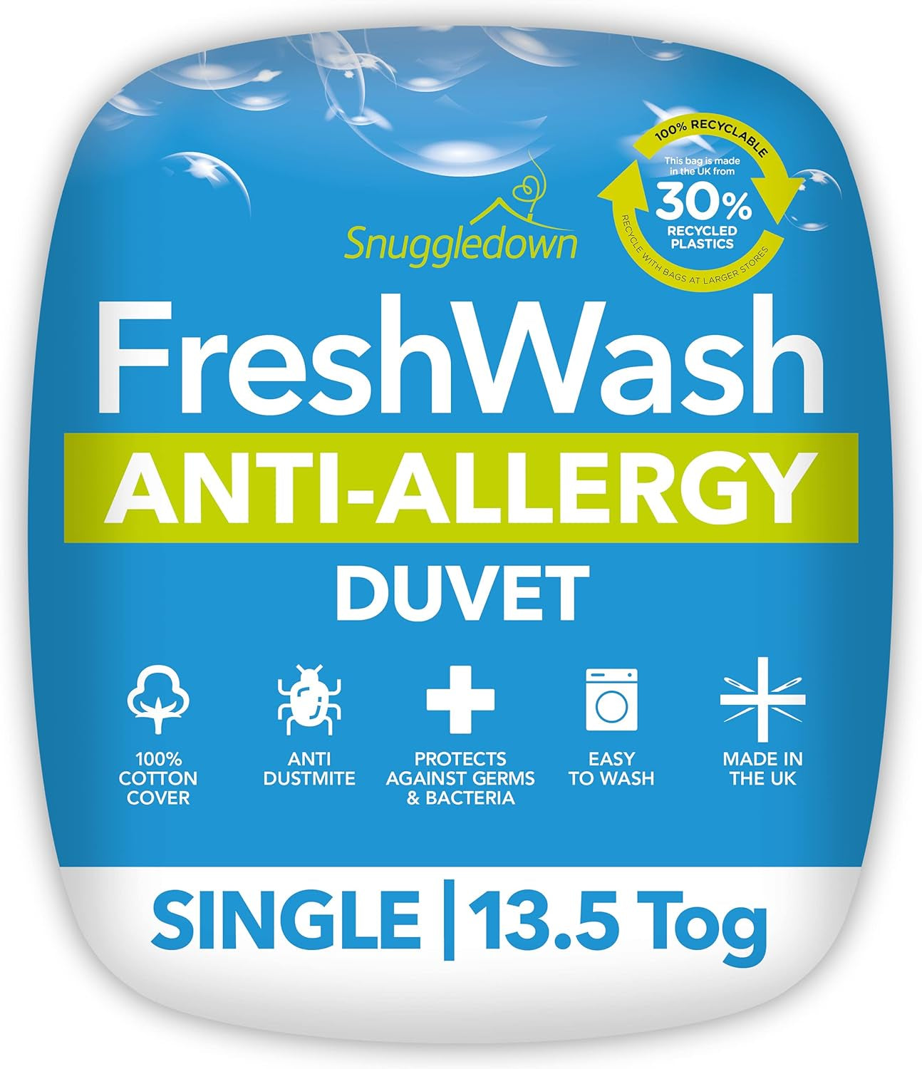 Snuggledown Freshwash Allergie Trooster, 13,5 Tog Winter Warm, Katoen, Wit, Eenpersoonsbed Naty Shop Dekbedden Twin 13,5 Tog