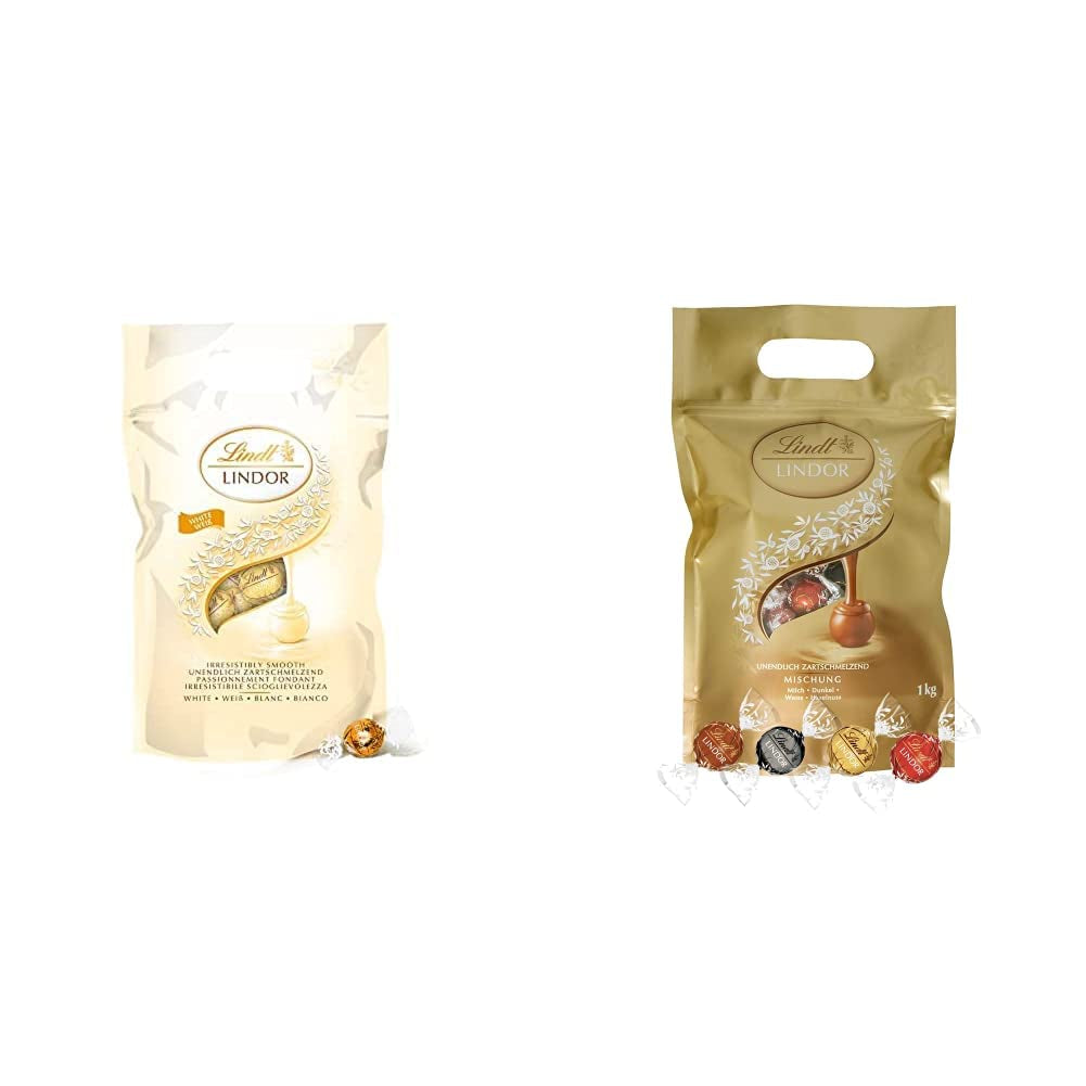LINDOR witte chocoladebolletjes, 1 kg en LINDOR | Hersluitbare zak van 1 kg | ca. 80 melkchocoladebolletjes met muntvulling | Bulkverpakking, pralinegeschenk, chocoladegeschenk