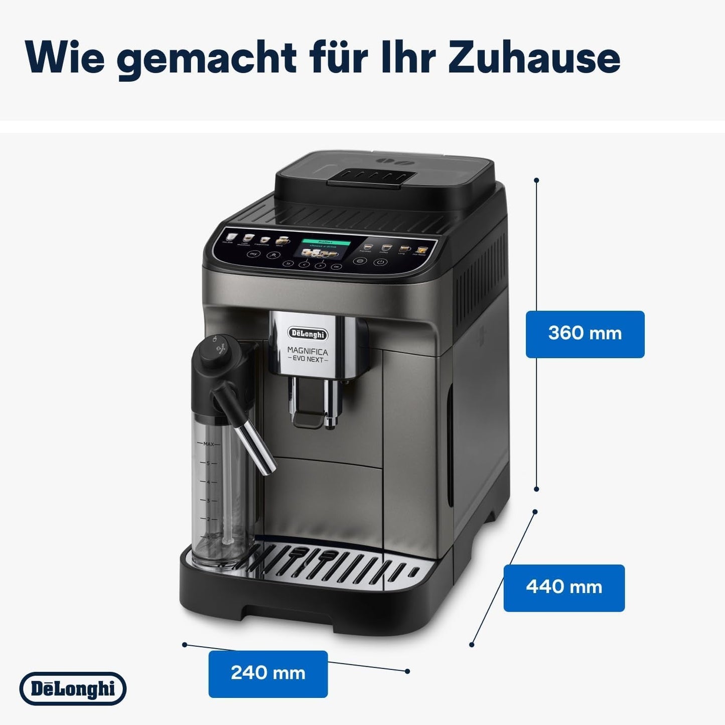 De'Longhi Magnifica Evo Next - Perfetto volautomatische espressomachine met LatteCrema melkopschuimer, 13 One-Touch-drankjes, koffie- en cappuccinomaker, kleurentouchscreen, titanium (ECAM312.80.TB)