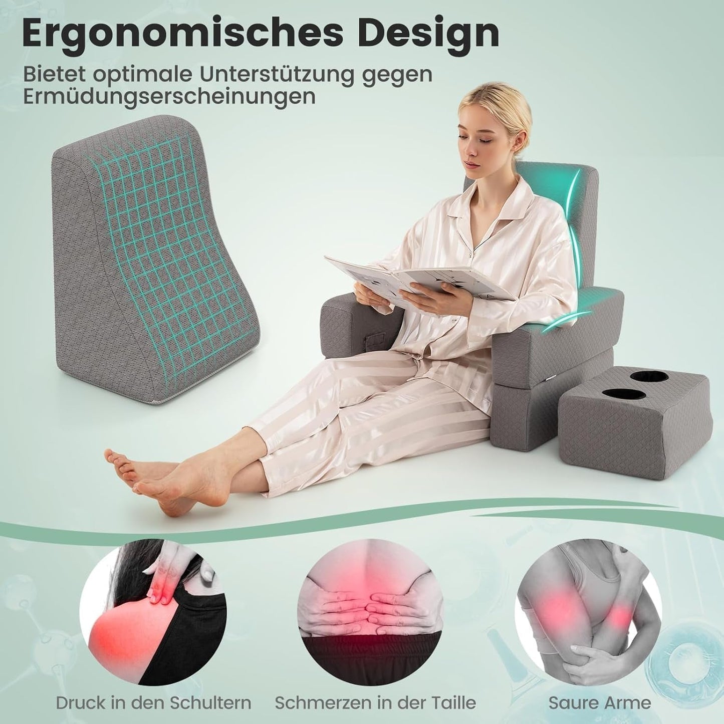 Leeskussen voor bed en bank, boekenkussen, vrij te combineren met bekerhouder en wasbare hoes, verstelbaar laptopbureaukussen voor lezen, gamen, werken, schrijven (grijs)