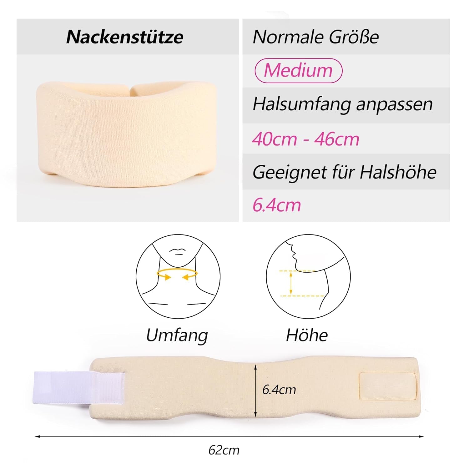 RESTCLOUD neksteun gemaakt van zacht schuim, universele kraag, verstelbare neksteun om te slapen - Verlicht nekpijn (wit, 6,4 cm diepe kraag, M) Cervicale orthopedische kussens Naty Shop