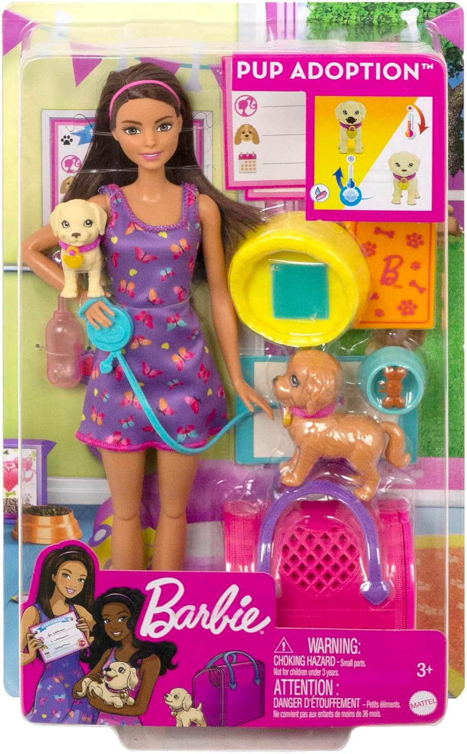 Adoptie Barbie Puppy - Pop en 2 puppy's, met adoptiecertificaten, kleurwisseleffect, kooi en accessoires, voor kinderen van 3 jaar en ouder, HKD 86